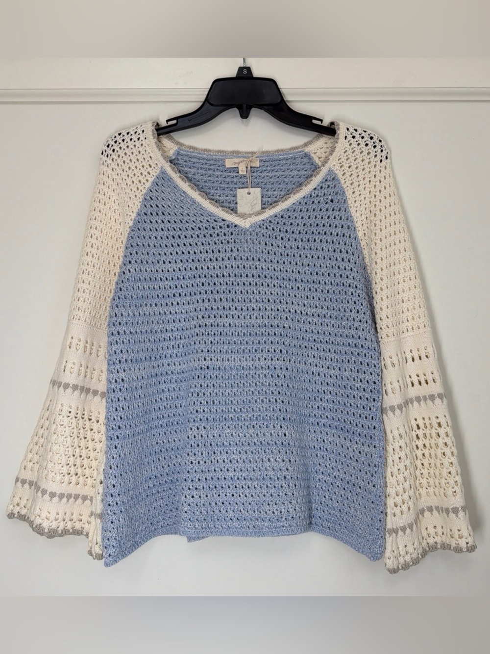 Mystree Milky Blue Color Block Crochet Sweater Bell Sleeve Size Small NWT